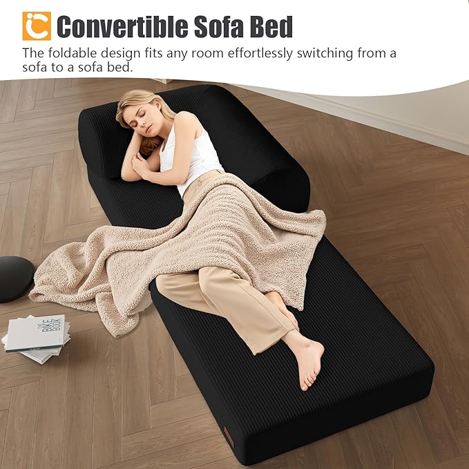 COMAX Folding Sofa Bed, Fold Out Chair Bed, Foldable Sofa, Convertible Sleeper for Adults, Futon Chair Single Small Floor Couch for Spaces, Bedroom Living Room Guest Room, Black