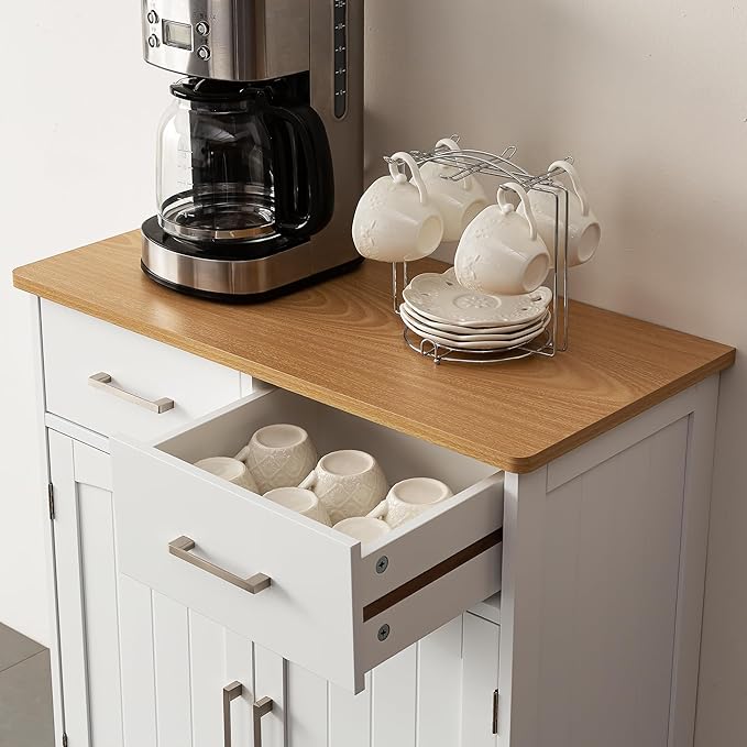 Buffet Cabinet with Storage, Coffee Bar Cabinet 26 x 30 Inches, Oak Top Sideboard Cabinet, Matte White Finish, Anti-Fall Drawers, Arched Doors, Adjustable Shelves