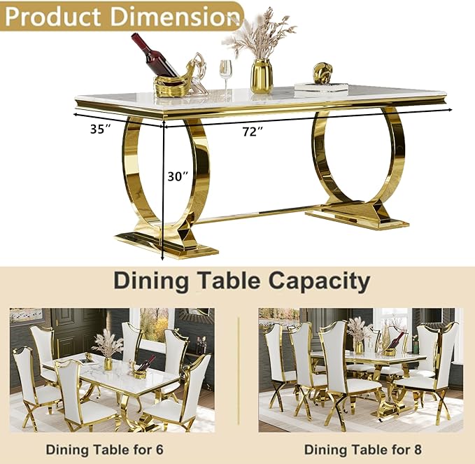 Asday White and Gold Dining Table, 72 inch Dining Room Table with Polished Stainless Steel U-Base for 4-8