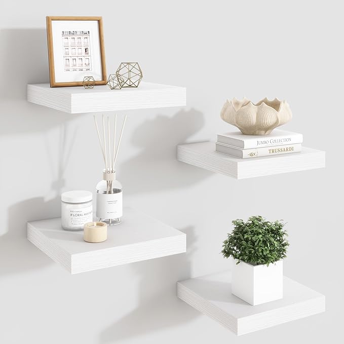 Fun Memories Floating Shelves for Wall - 7.5 Inch Square Shelves with Invisible Brackets, White Small Wall Shelf for Living Room, Bathroom, Bedroom, and Kitchen Decor，Set of 4