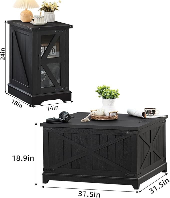 Farmhouse Coffee Table Sets 2 Pieces, Narrow Night Stand with Glass Barn Door Storage, Large Coffee Tables with Hidden Storage Organizer, Wood Furniture Sets for Living Room, Office, Black