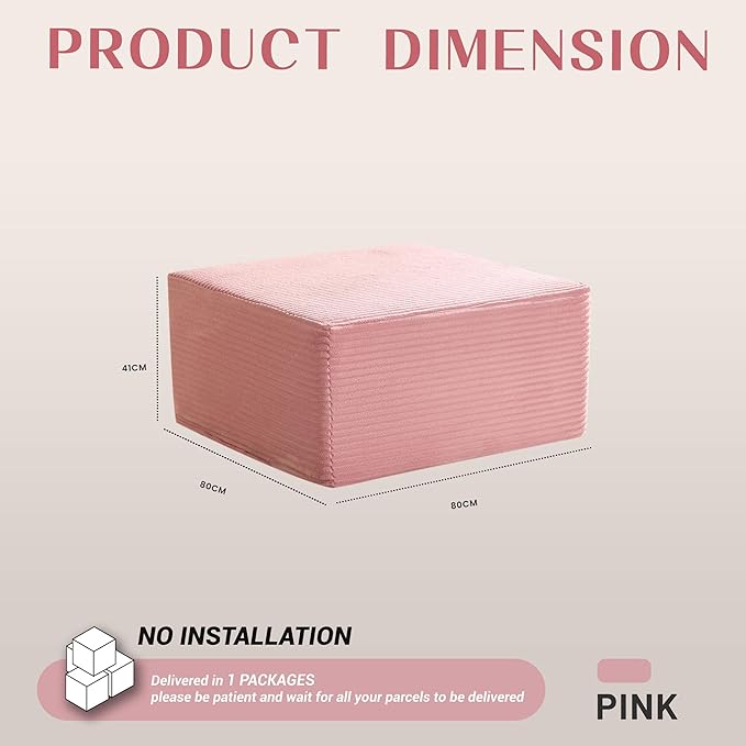 Cozy Square Ottoman, Comfortable Seating, No Assembly Required, Pink
