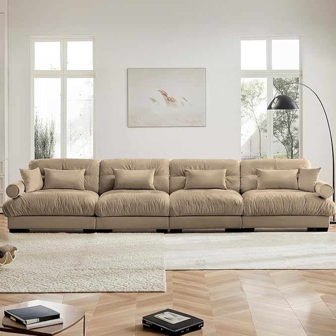 166" Oversized Camel Velvet Cloud Couch - 4 Seater Modular Sectional Sofa with 6 Pillows, Deep Seat for Living Room