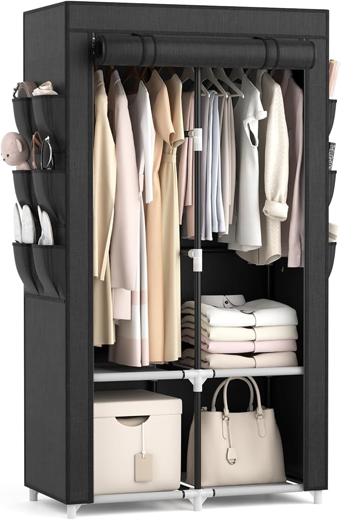 VTRIN Portable Closet Wardrobe Closet for Hanging Clothes with 4 Storage Shelves, 2 Hanging Rods and 6 Pockets, Stable and Easy Assembly Clothes Rack with Cover Free Standing Closet for Bedroom, Black