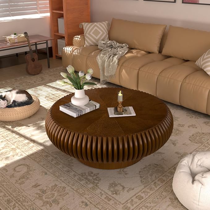 Round Drum Coffee Table for Living Room, Mid Century Modern Coffee Table with Sturdy Pedestal, Farmhouse Fluted Circle Center Table Accent Tea Table for Apartment (31.5" Walnut)
