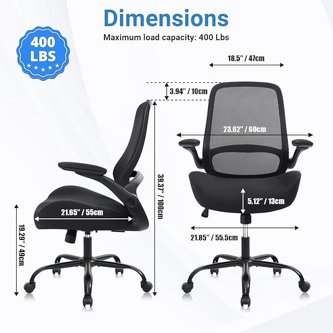 HYLONE Big and Tall Office Chair, Heavy Duty Ergonomic Desk Chair with Adjustable Armrests, 5" Thickened Seat Home Office Computer Chairs for Long Hours Mesh Executive Chair(Black)