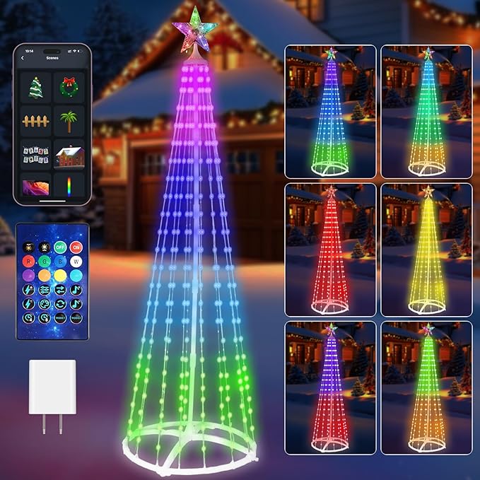 6FT LED Outdoor Christmas Tree Lights, 2025 Smart Christmas Cone Tree with App & USB Control, Remote Timer, Music Sync, Waterproof for Outside Porch Yard Xmas Decorations