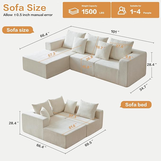 101" Cloud Couch Sectional, Corduroy Boneless Couch with L Shape Chair, All-Foam Compressed Sofa for Living Room, No Assembly Required (Beige)