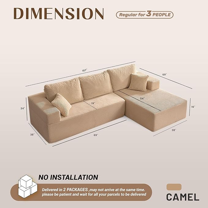 107" Boneless Couch with Deep Seat, Modular Sectional Sofa, Cloud Sectional Couch for Living Room, No Assembly Required, Corduroy, L-Shape Right?Camel