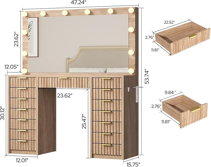 15 Drawers Fluted Vanity Desk with Glass Top, 47" Makeup Vanity with Large Mirror and 12 LED Lights, Dressing Table with Power Outlet for Bedroom, Natural