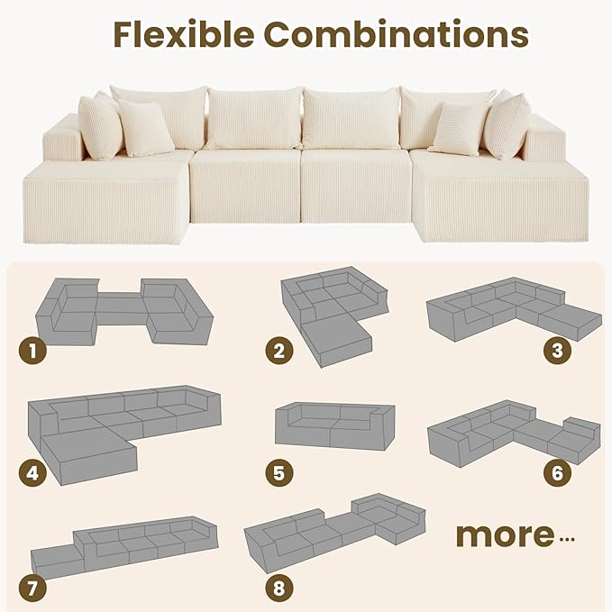 Oversize 131” Boneless Couch for Living Room, Comfort U Shaped Cloud Couch Sectional, Extra Deep Seats Corduroy Modular Sectional Sofa No Assembly,Beige