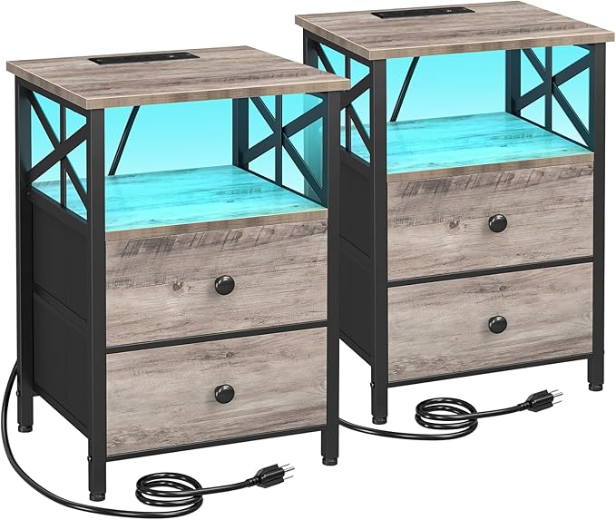 AMHANCIBLE Night Stand Set 2, LED Nightstand with Charging Station, End Tables Living Room with Fabric Drawers, Bedside Table for Bedroom, Greige, HET052LGY
