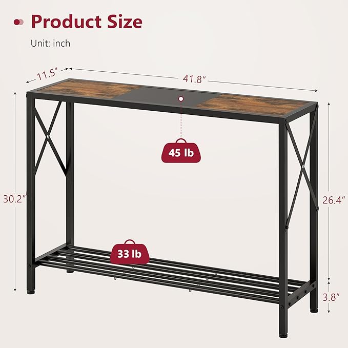 Tajsoon Console Table 41.8”, 2-Tier Industrial Entryway Table, Narrow Entrance Sofa Table with Shelves, Hallway, Living Room, Foyer, Corridor, Office, Rustic Brown and Black