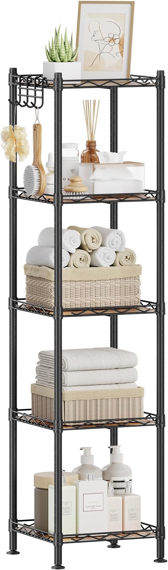 SONGMICS 5-Tier Bathroom Shelf, Storage Rack for Small Space, with 5 PP Shelf Liners, Removable Hook, Extendable Design, Ink Black and Rustic Brown ULGR023B02