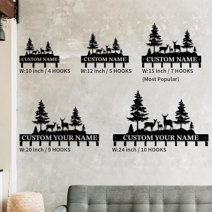 Personalized Custom Name Forest Deer Wall Keys Hooks,Metal Forest Deer Art Clothes Hooks,Metal Forest Deer Wall Home Storage Decorative,For Front Door, Hallway, Kitchen, Bedroom,Keys,Hats (Style I)