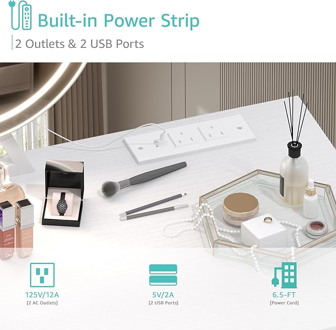 Lufeiya White Makeup Vanity Desk with Mirror and Lights, 40 inch Make Up Vanity Desks with Fabric Drawers & Power Outlet, Dressing Table and Chair Set for Girls Bedroom, White