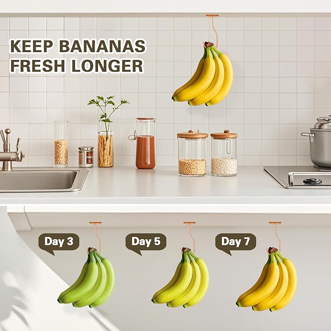 Banana Hanger Hook – Space Saving Banana Holder Hanger to Keep Bananas Fresh, Self Adhesive and Screw Banana Hook 4Pack Rose Gold