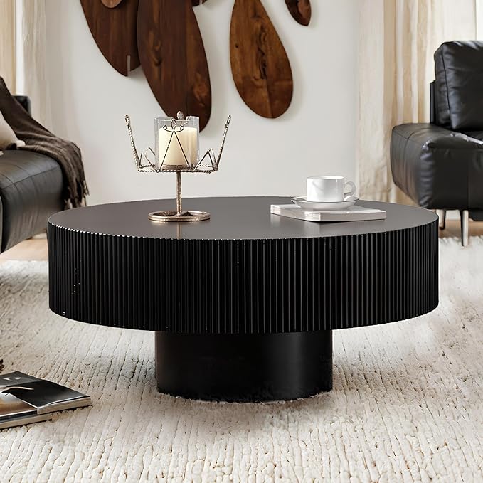 Round Drum Coffee Table 30.91" Handcrafted Fluted Drum Coffee Table Mid Century Accent Tables Modern Luxury Circle Center Table Vintage Farmhouse Center Table for Living Room (Black Thick)