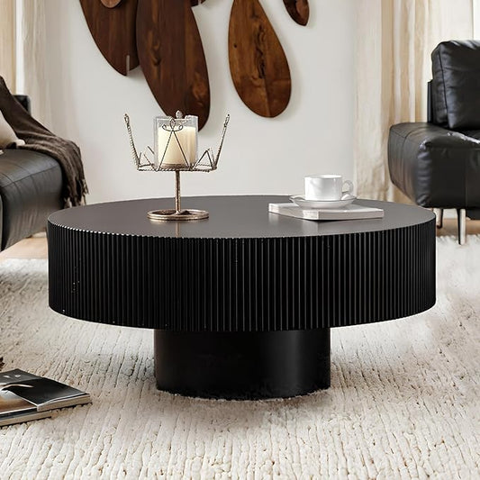 Round Drum Coffee Table 30.91" Handcrafted Fluted Drum Coffee Table Mid Century Accent Tables Modern Luxury Circle Center Table Vintage Farmhouse Center Table for Living Room (Black Thick)