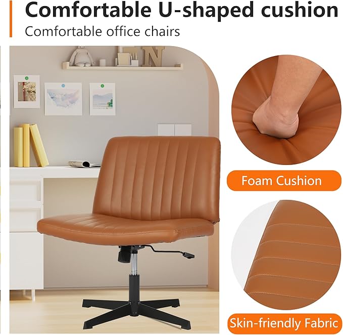 FDW Criss Cross Chair Armless Cross Legged Office Desk Chair Adjustable Swivel Ergonomic No Wheels Backrest with Wide Seat Native Sponge Computer Task Vanity for Home Office,Brown