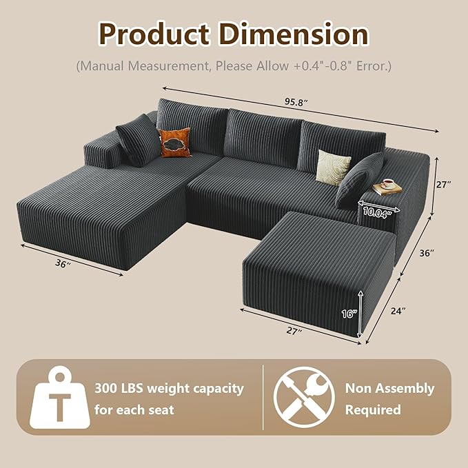 96" U-Shape Cloud Couch, Modern Modular Sectional L-Shape Sofa with Ottoman, Corduroy Upholstered Couches Deep Seat Chaise Longue for Living Room, No Assembly Required(Dark Gray, Left Facing)