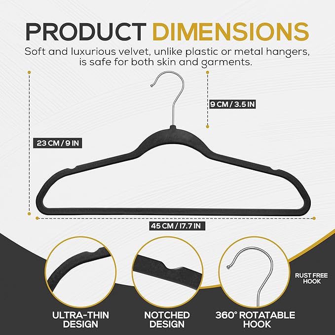 Premium Velvet Hangers 30 Pack Ultra Thin Non Slip Adult Felt Space Saving Suit Hanger for Closet Heavy Duty Coat Pants Jackets Dress Hangers 360° Swivel Hook Hold Upto 10 lbs Black