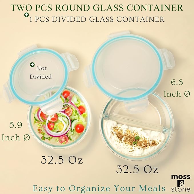 Moss & Stone 4-Pack Round Kitchen Glass Food Storage Containers Set with Lids – Reusable Glass Meal Prep Containers for Kitchen, Lunch or Fridge – Airtight Snap-Lock – Includes 1 Divided & 1 Standard