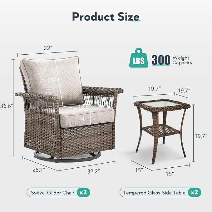 Outdoor Swivel Glider Chairs - 3 Pieces Hollow Widen Armrests Wicker Patio Furniture Set with Side Table, High Back Outside Swivel Rocker for Balcony Porch Deck and Yard - Brown/Beige