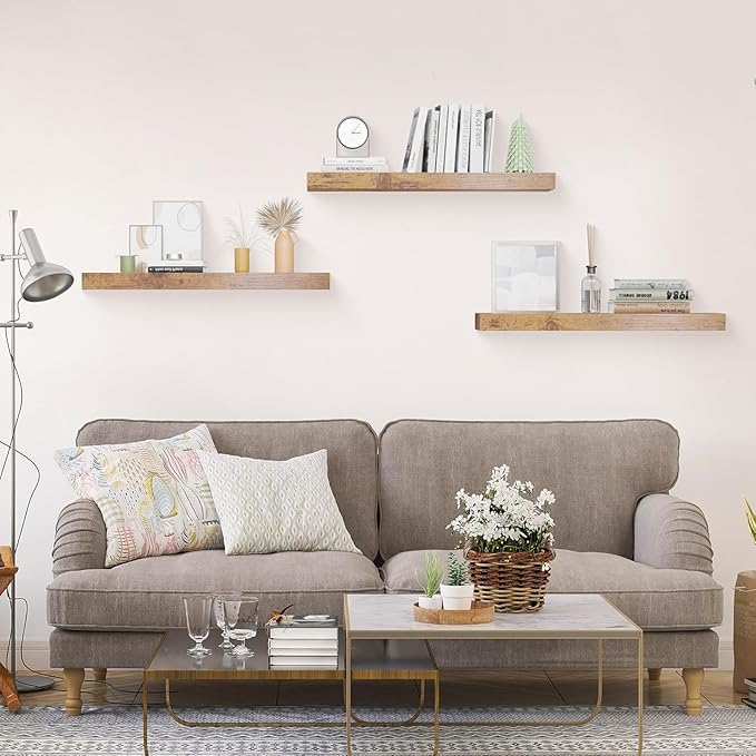 Floating Shelves for Wall Set of 3, 24in Hanging Shelf for Books, Storage, Room Decor, Rustic Wood Wall Mounted Shelves for Bathroom, Toilet, Bedroom, Living Room, Kitchen, Office, Rustic Brown