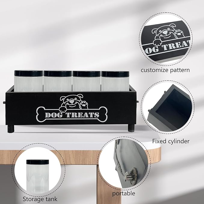 Large Dog Treats Container, Dog Cookie Jar for Dogs Cat Treats Container, Farmhouse Wood Pet Treats Storage Organizer for Dog Food Storage Container with 4 Jars, Cat Dog Treat Organizer