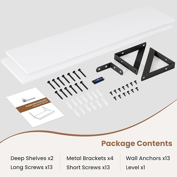 Axeman White Floating Shelves for Wall 48 Inch | 47.3W x 8D Rustic Wood Floating Shelves Set of 2 | 8 Inch Deep Long Wall Shelves for Bathroom Kitchen Living Room | Bookshelf Display Shelves