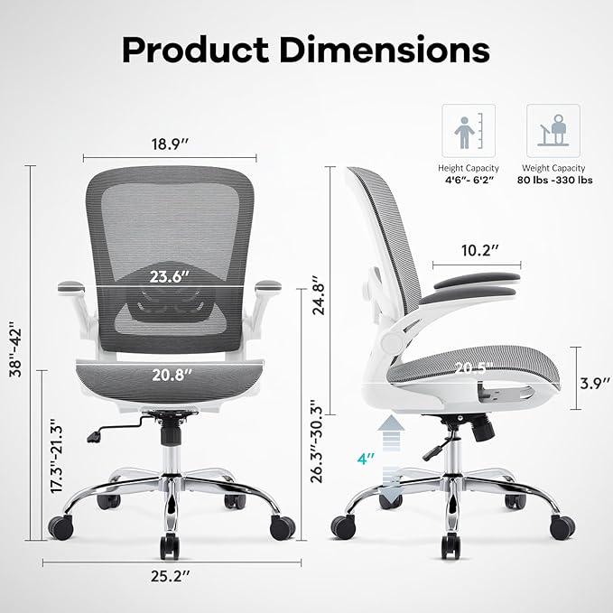 Office Chair Mesh Seat,Ergonomic Mesh Desk Chair with Adjustable Lumbar Support,Computer Chair with Flip-up Armrests, Rolling Executive Chairs, Home Office Chair(Grey)