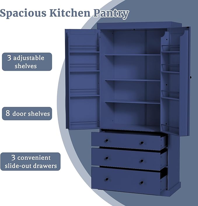 Merax 77" Tall Kitchen Storage Cabinet Pantry Farmhouse Freestanding Large Cupboard with 3 Drawers,Adjustable Shelves,8 Door-Shelf for Dining Room