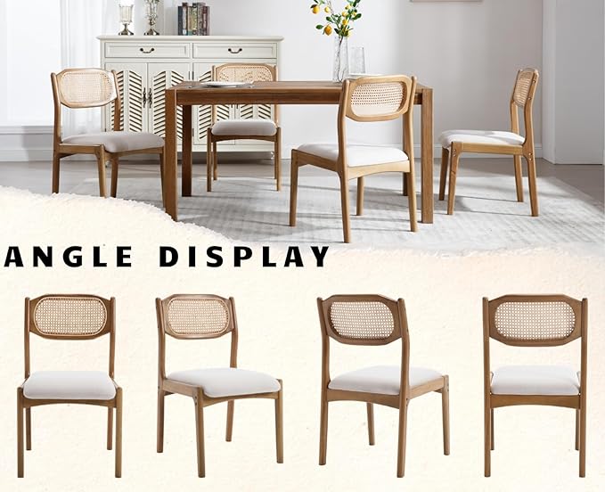 EALSON Farmhouse Rattan Dining Chairs Set of 2 Modern Mid Century Wood Dining Room Chairs with Cane Back Upholstered Linen Kitchen Side Chairs for Living Dining Room,Beige