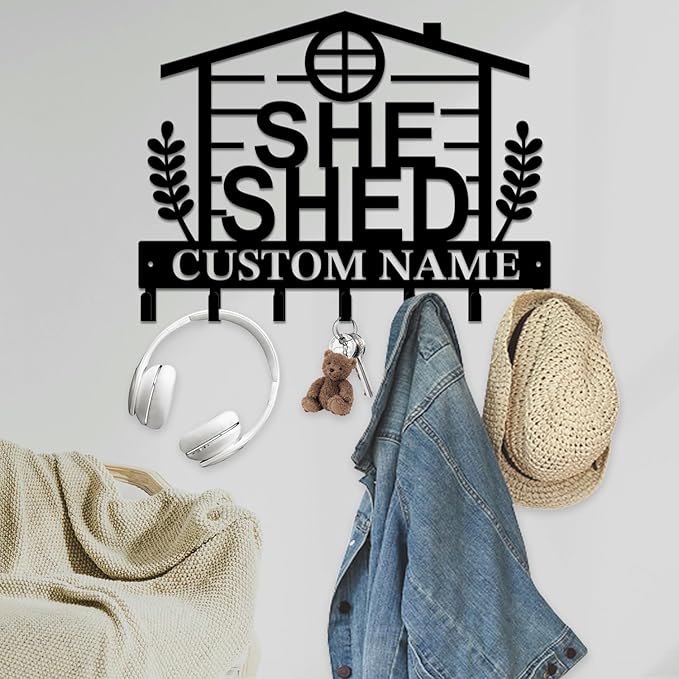 Personalized She Shed Keys Hooks,Custom Name Metal She Shed Art Keys Hooks,Metal She Shed Lover Wall Home Storage Decorative Keys Hooks,Key Holder Hooks for Wall (Style C)
