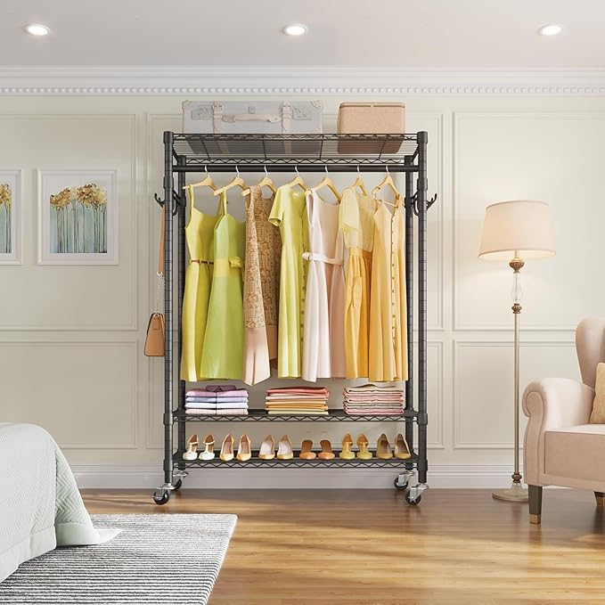 VIPEK R3 Plus Rolling Clothes Rack with Locking Wheels, Portable Closet for Hanging Clothes Heavy Duty Garment Rack with Adjustable Shelves and Side Hooks, Metal Wardrobe for Home Storage, Black