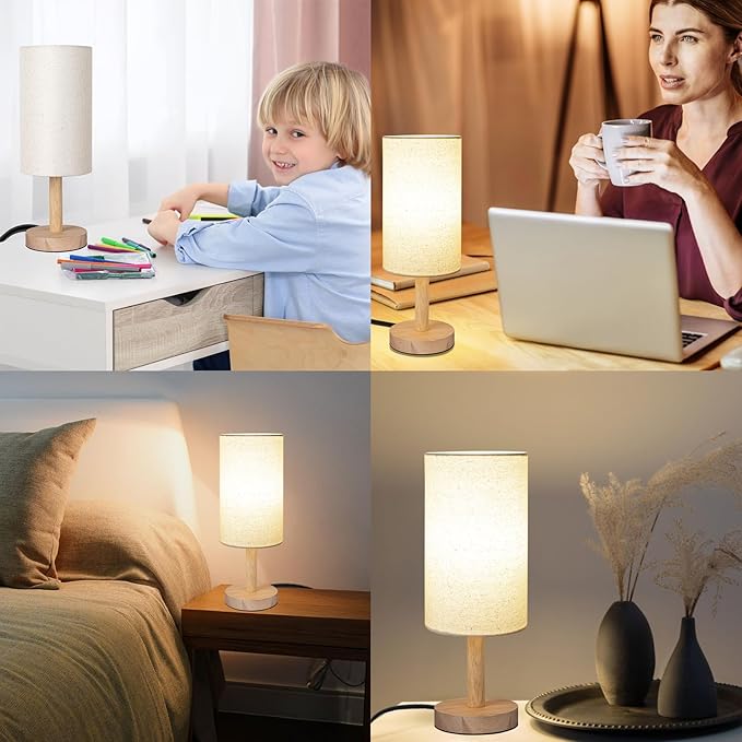 Small Table Lamp for Bedroom, Nightstand Lamp Linen Lampshade Bedroom Wood Base Small Bedside Lamp for Night Stands, Desk Lamps for Reading Living Room, Office (LED Bulb Included) (Wood Base)