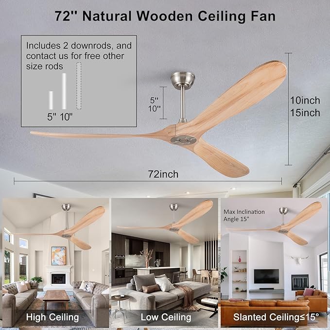 72 Inch Solid Wood Ceiling Fan with Remote,Outdoor Ceiling Fan no Light,6 Speeds,Noiseless,Reversible DC Motor,Modern Ceiling Fans without Lights for Bedroom Farmhouse Patios Study Brushed Nickel
