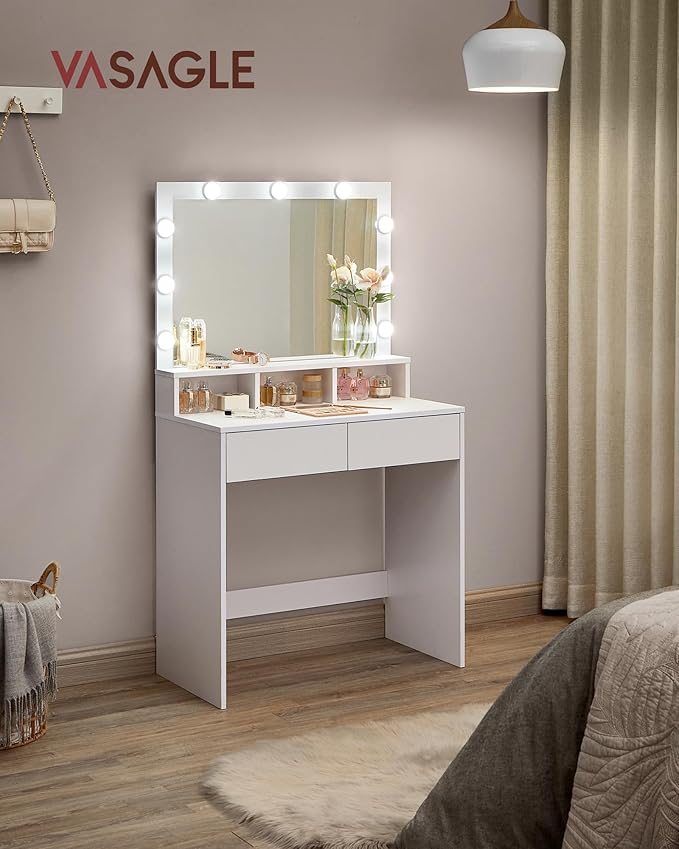 VASAGLE Vanity Desk with Mirror and Lights, Makeup Vanity with Large Mirror, LED Lights with Adjustable Brightness, Vanity Table, 2 Drawers, 3 Compartments, Modern Makeup Desk, Cloud White URDT120T14