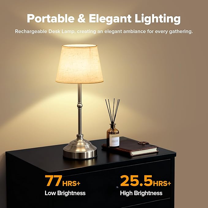 Cordless Table Lamp, Rechargeable Desk Lamp with Fabric Shade, Battery Operated Lamp 3 Color Stepless Dimming, Portable Touch Bedside Lamp Home Decor for Dining, Counter (Brushed Sliver)