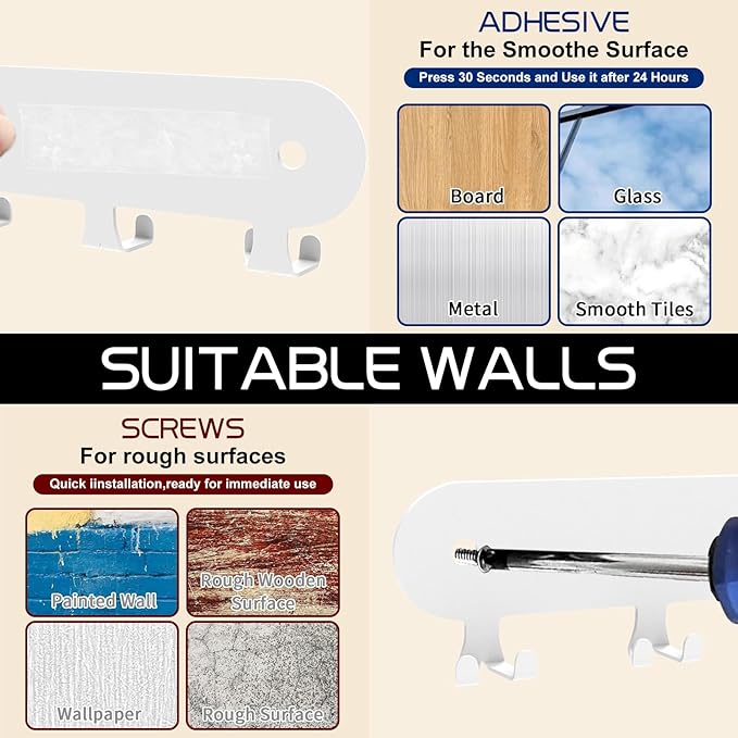 2 Pack Key Holder for Wall,Key Hooks,Key Holder Wall Mount Self Adhesive, Key Rack Wall Mount for Wall No Drill for Living Room, Kitchen, Bathroom, Garage (White, 12 Hooks)