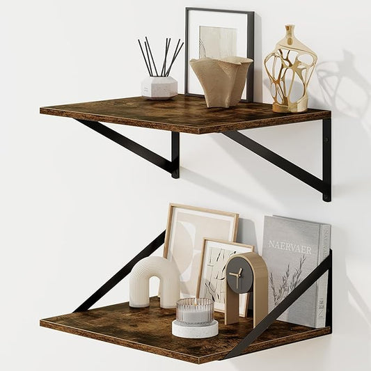 Fun Memories Floating Shelves for Wall, 12 Inch Deep Floating Shelves Set of 2, 16W x 12D Large Wall Shelf with Sturdy Metal Brackets for Living Room, Bathroom, Bedroom and Kitchen, Rustic Brown