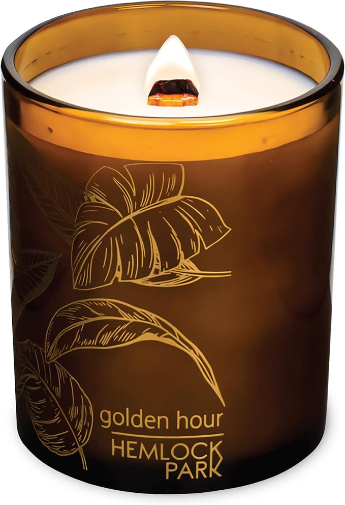 Hemlock Park Amber Gold Leaf Glass Wood Wick Candle Handcrafted with Natural Coconut Wax (Standard 7.2 oz, Golden Hour)