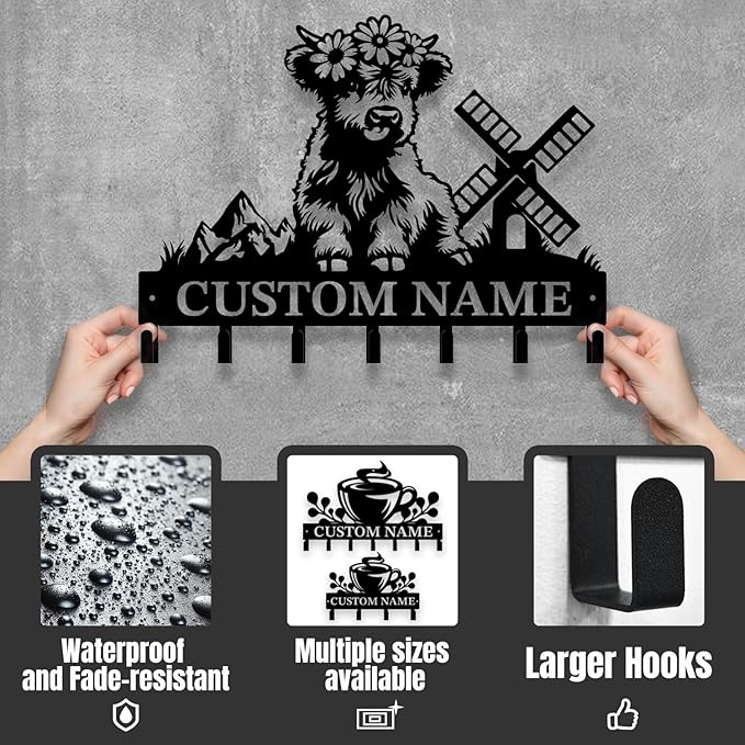 Personalized Highland Cow Metal Keys Hooks,Custom Name Metal Highland Cow Keys Hooks,Black Metal Highland Cow Wall Home Storage Decorative Keys Hooks,Key Holder Hooks for Wall (Style E)