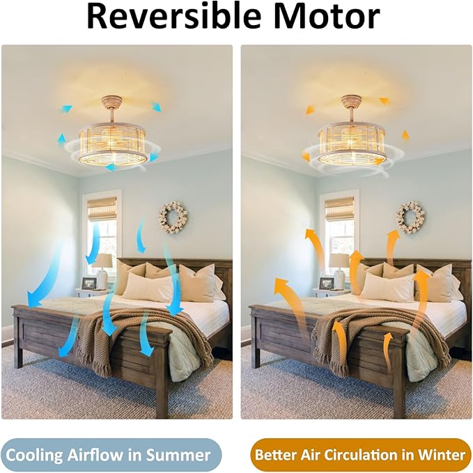 hummingbird 20 Inch Rattan Caged Ceiling Fan with Light, Boho White Fandelier Ceiling Fan with Lights and Remote, Enclosed 6 Speed for Bedroom Kitchen Dining Room