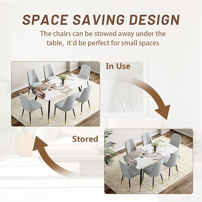 6 Person Dining Table Set, Sintered Stone Dining Table Set for 6, Kitchen Table Chairs Set of 6, Easy to Assemble