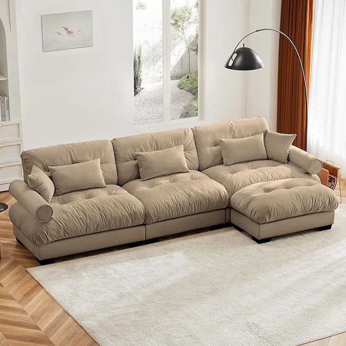 130" Oversized Couch, 3 Seater Sectional Couches for Living Room, Camel Velvet Large L Shaped Fluffy Modular Couch Set