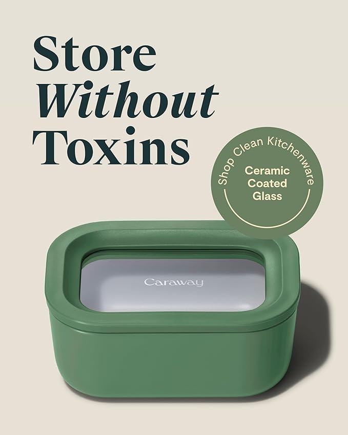 Caraway 2pc Glass Food Storage Set - 2.6 Cup Food Containers (2) - Non-Toxic Ceramic-Coated Glass - Air Release Technology - Compact & Stackable Design - Sage