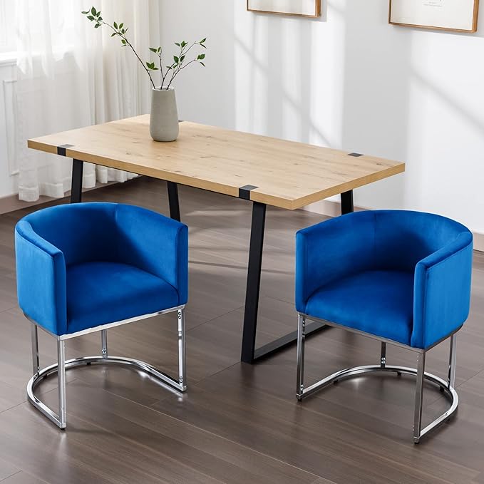 Velvet Dining Chairs Modern Barrel Arm Chairs with Chrome Metal Frame, Upholstered Kitchen Chairs 18.5" Wide Accent Chair for Living Room Dining Room Restaurant, Blue