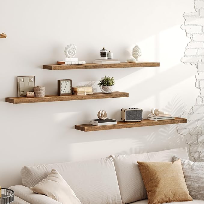 Floating Shelves for Wall, 1.5" Thick Wall Shelf Set of 3 with Invisible Bracket, L47.2 x W7.9 Hanging Shelves Farmhouse Home Decor for Bathroom, Living Room, Bedroom, Rustic Brown 12301BJP3BF